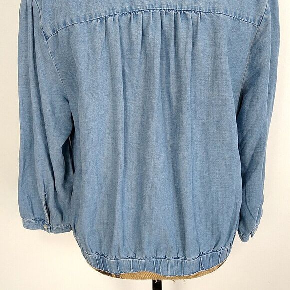 LOFT Womens sz L Top Solid Blue Chambray VNeck Wrap Tie Hem 3/4 Sleeve Blouse - Picture 6 of 8